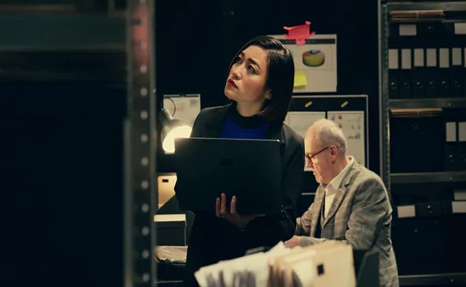 Business team reviewing secure archive records in an office