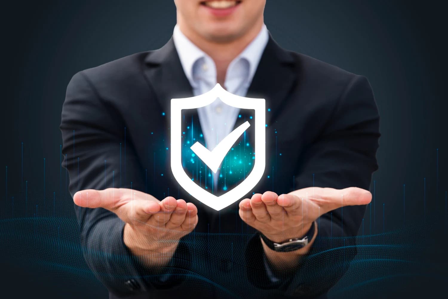Business professional presenting a digital security shield